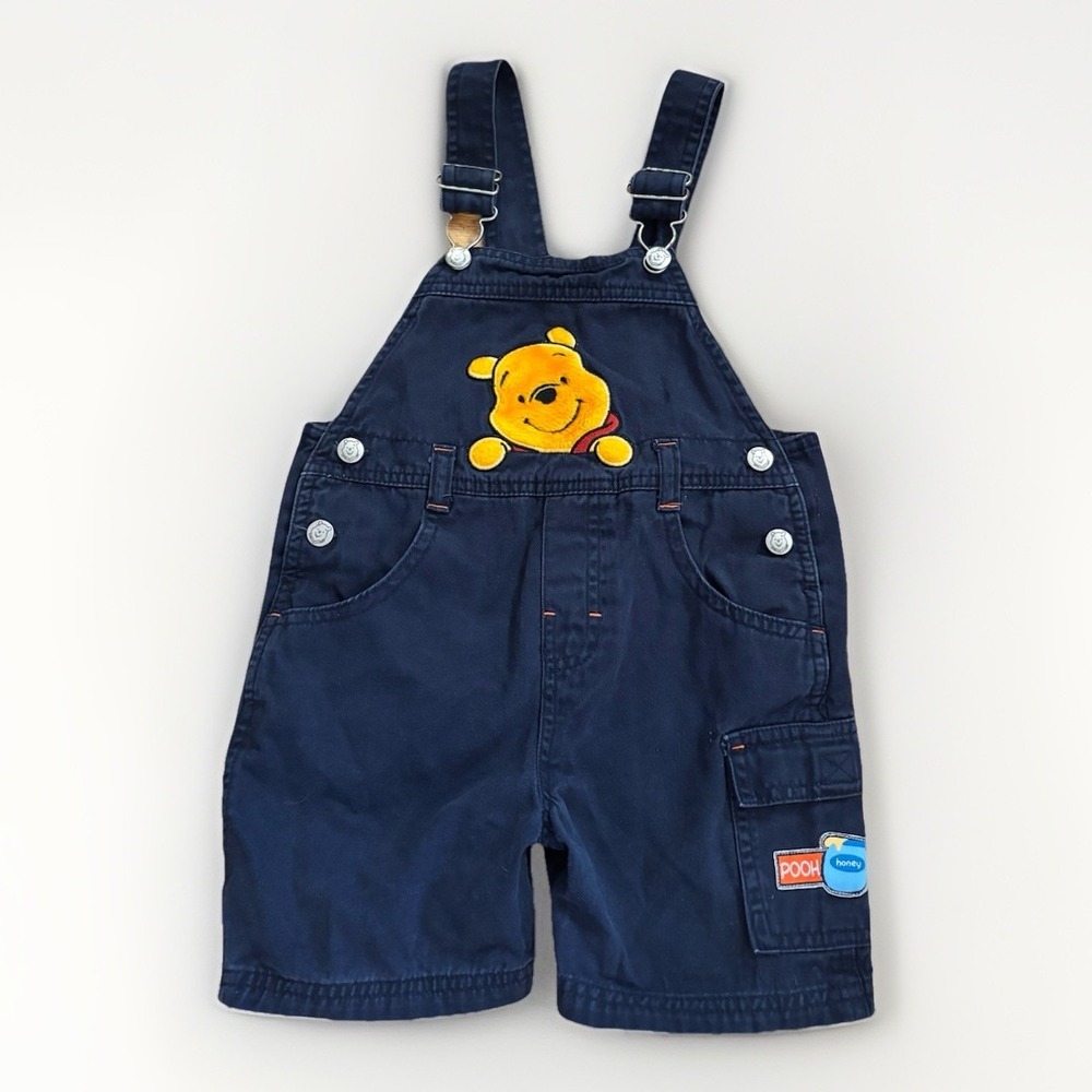 VTG Disney Winnie‎ The Pooh Shortalls Bibs Size 3T Boys 90s Y2K Fuzzy Adjustable